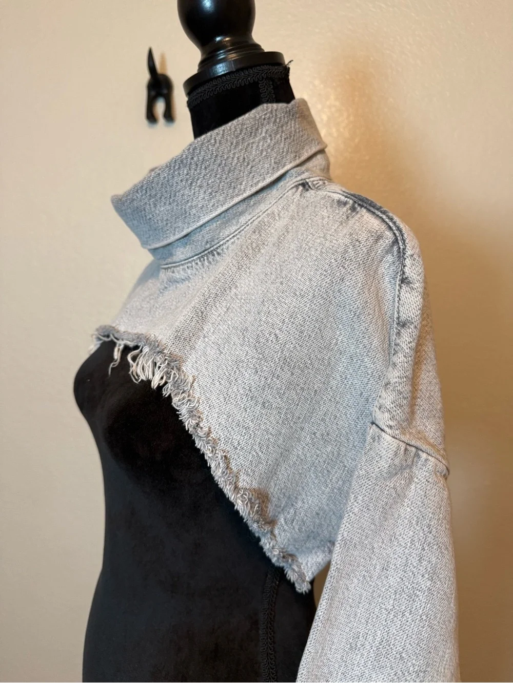 Zara Extreme Crop Top Denim Turtleneck Gray Size Large